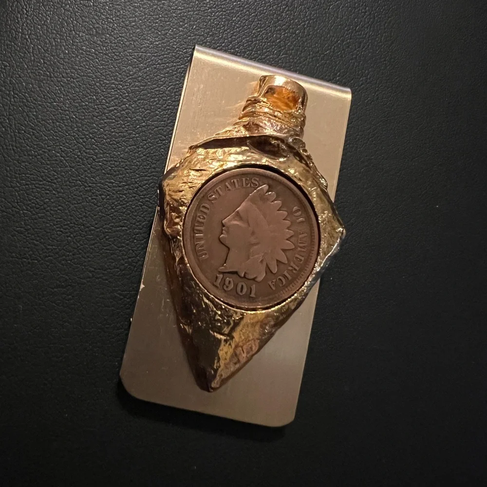 1901💥Rare~Vintage💥United States Indian Head Coin Gold Tone Money Clip